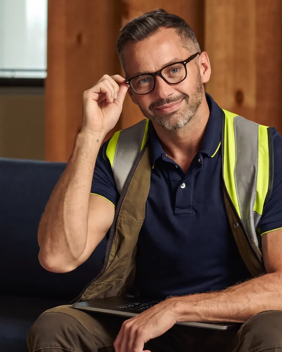A tradesman in workwear sitting with a laptop, looking at the camera