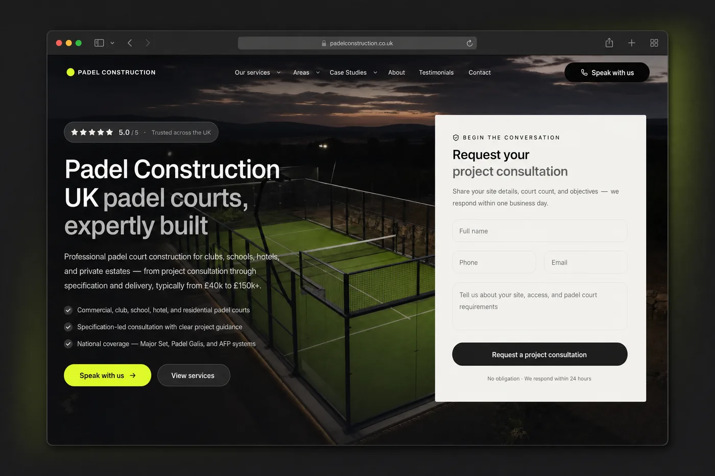 Homepage of Padel Construction UK, shown in a dark browser mockup