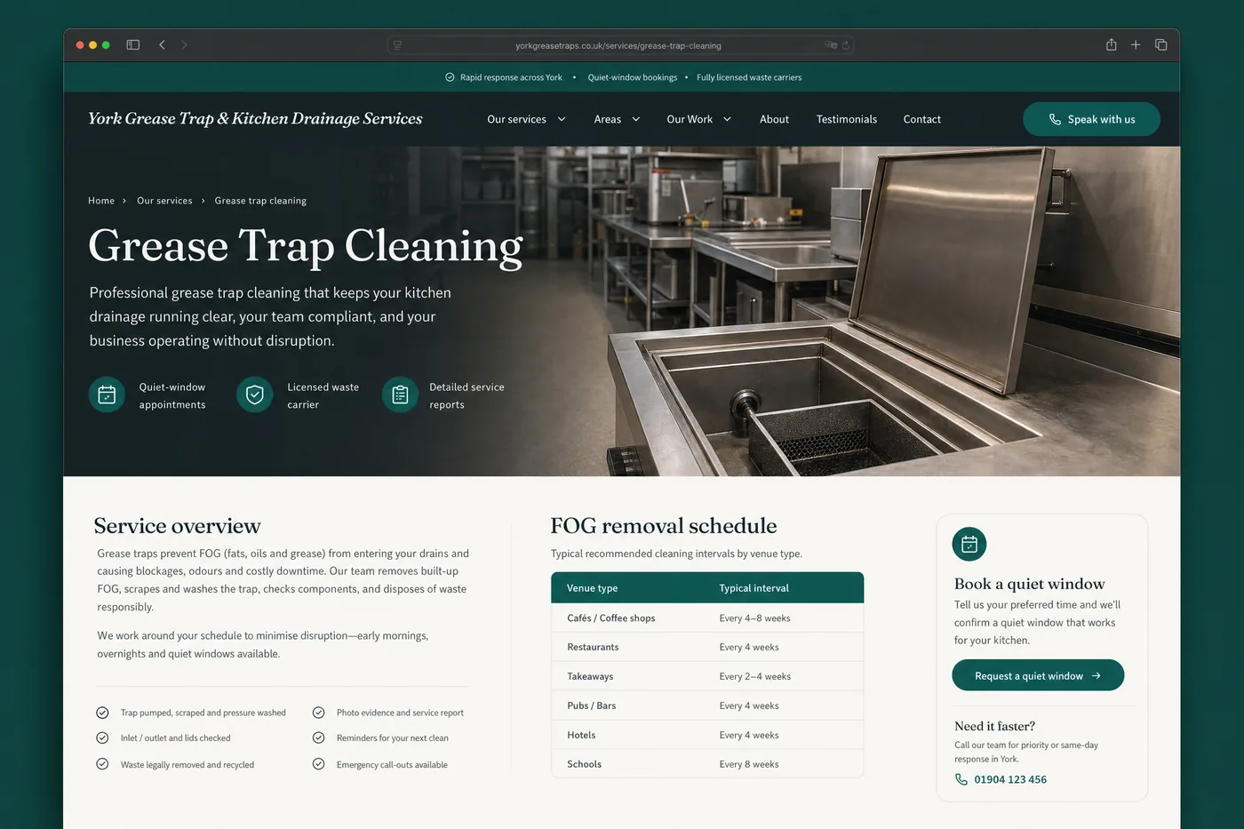 Grease trap cleaning service page on the York Grease Traps site