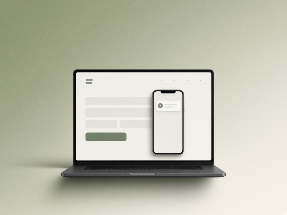 Laptop showing a contact form beside a phone with a new enquiry alert