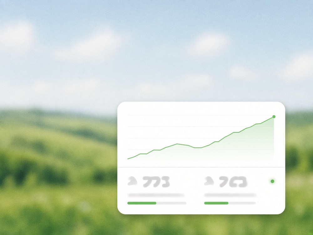 Analytics dashboard card floating above a green landscape