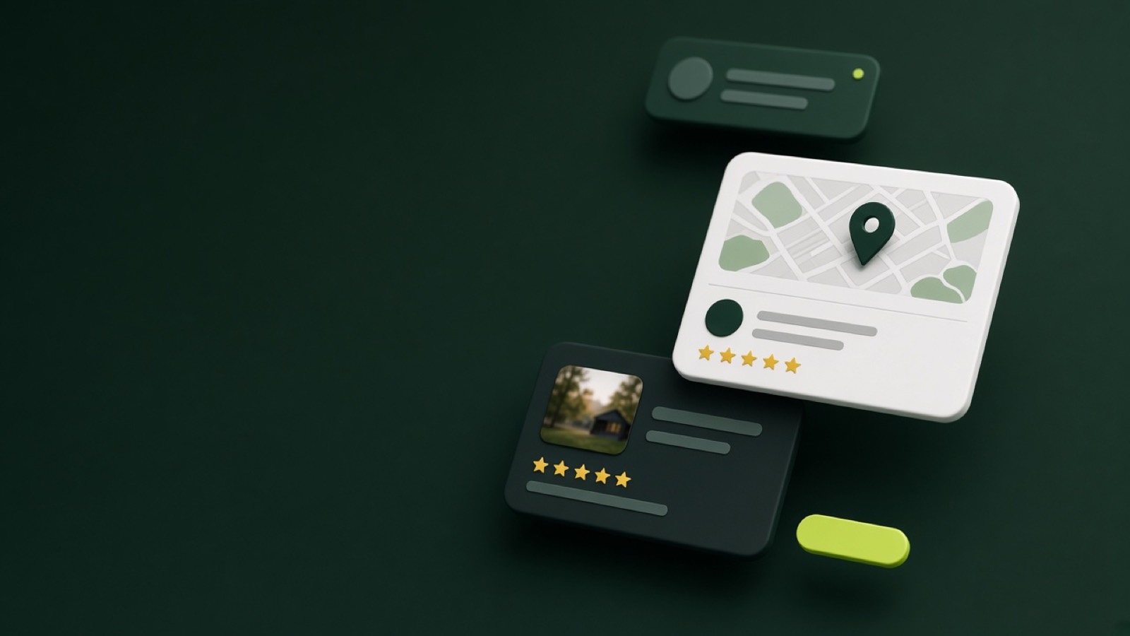 Map pin and local business listing cards on a dark green background