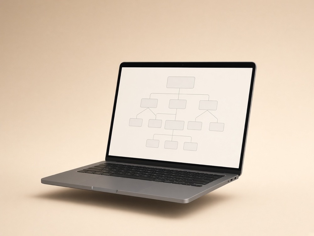 Laptop displaying a website sitemap and wireframe diagram